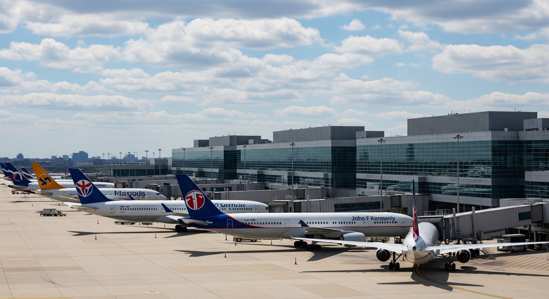 Exterior view of New Terminal One at JFK Airport with aircraft at gates