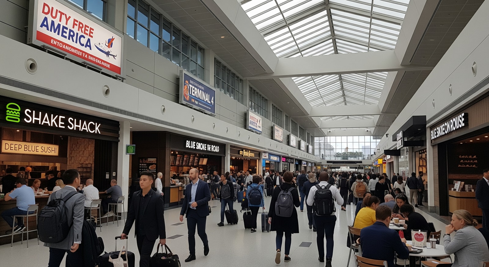 JFK Terminal 4 concourse showing food and retail outlets and passenger flow