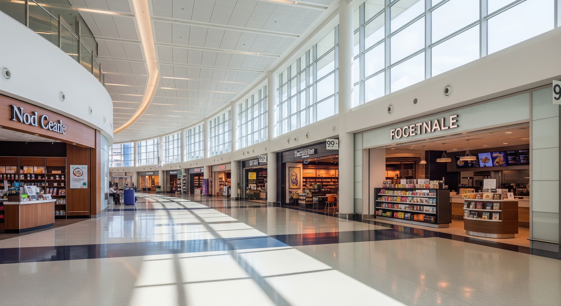 Passenger concourse at JFK Terminal 4 highlighting retail and food service areas