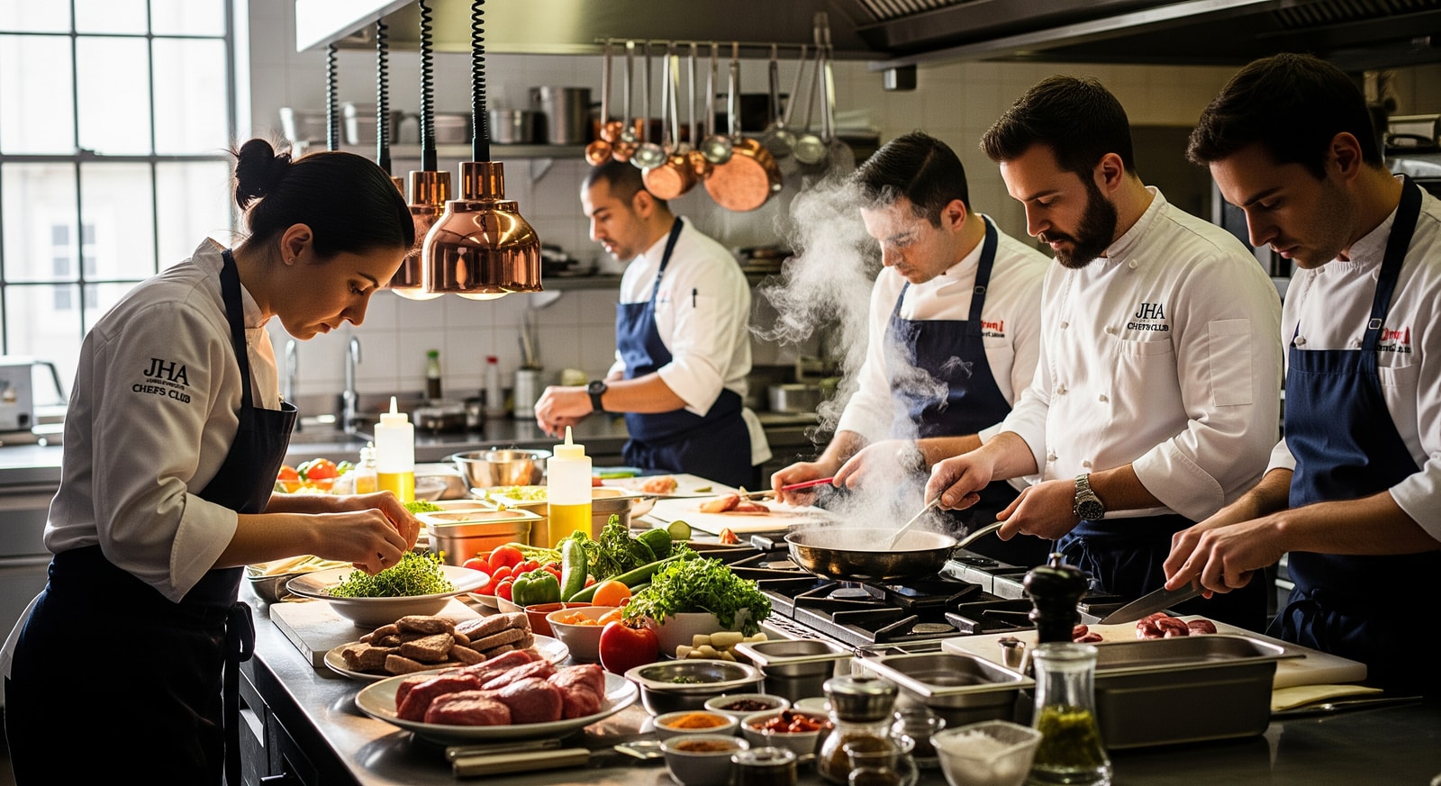 Jersey chefs collaborating in a kitchen at a culinary meetup for the JHA Chefs Club