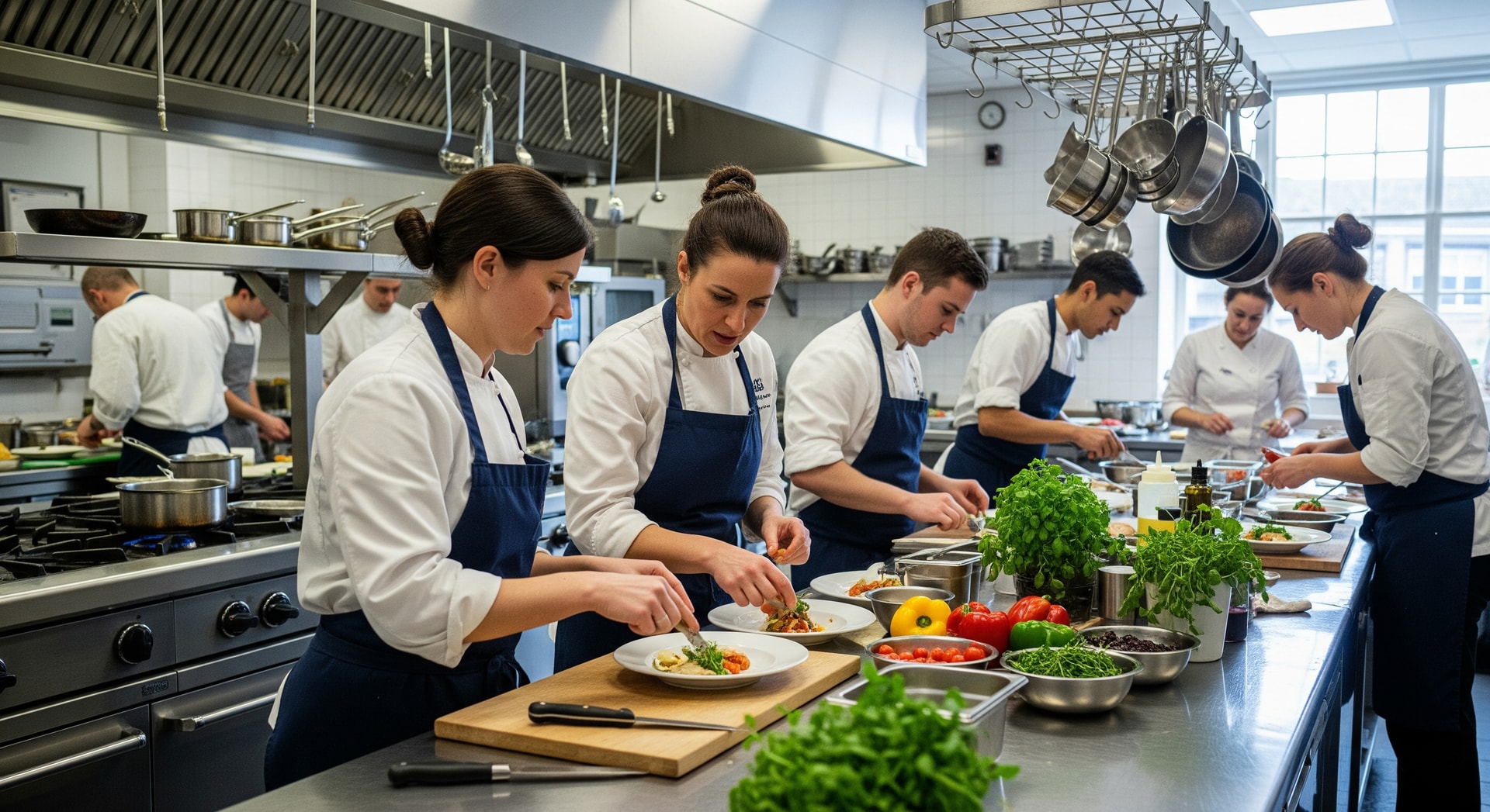 Chefs collaborating in a professional kitchen in Jersey