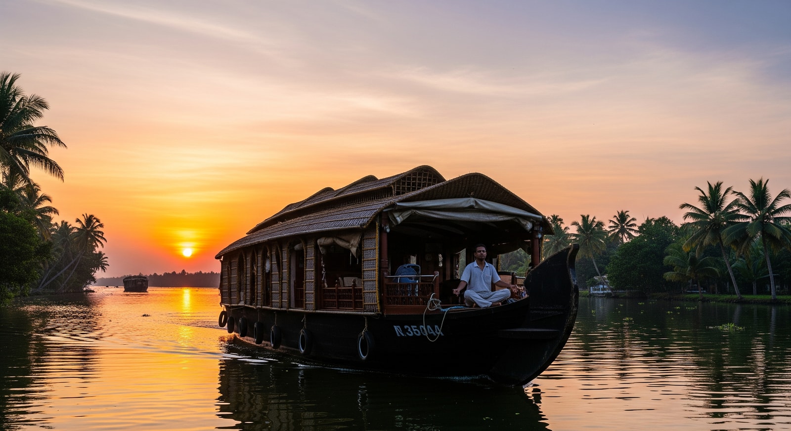 Houseboat on Alleppey backwaters at sunset illustrating mindful travel in Kerala