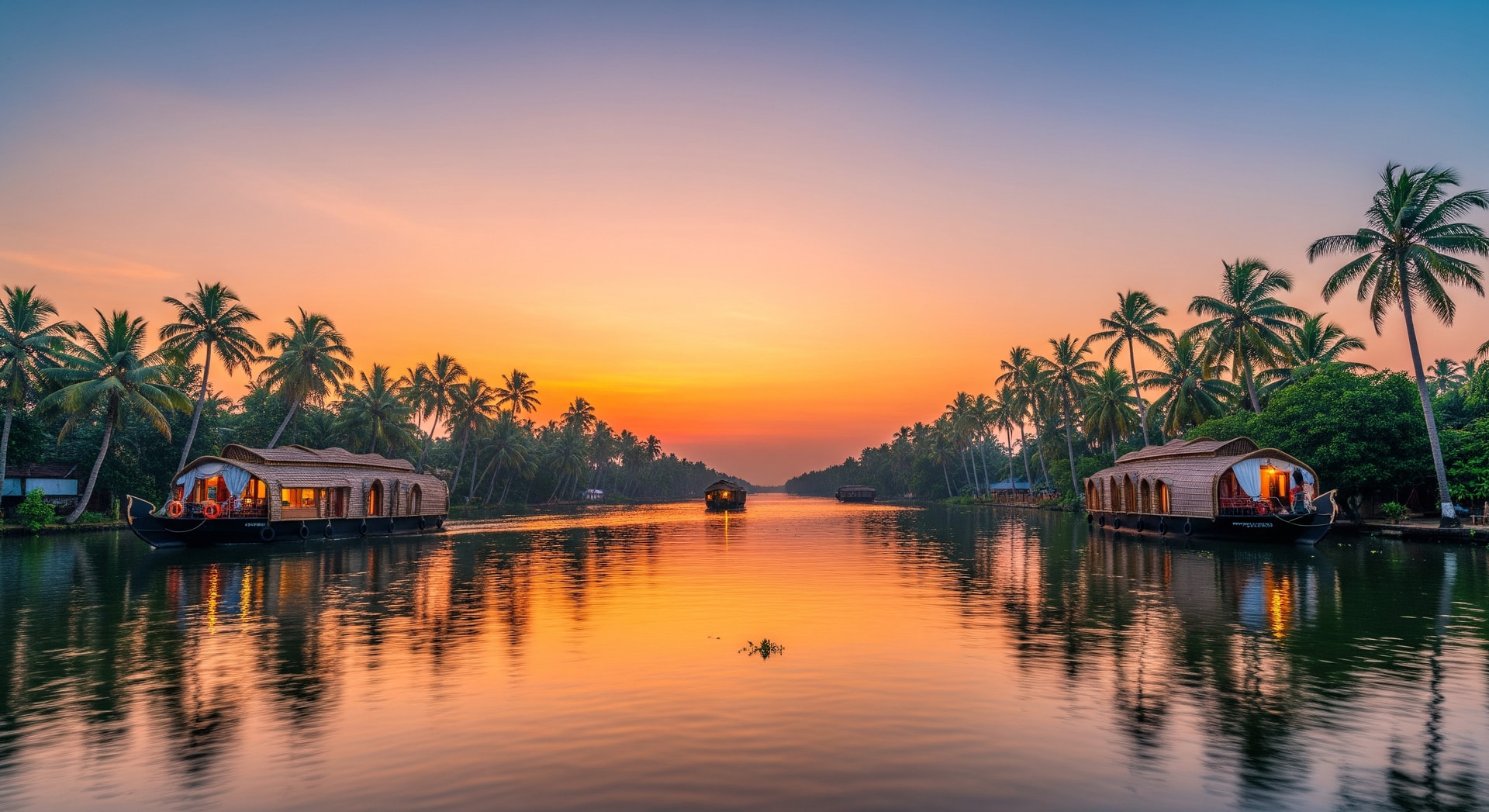 Scenic Kerala backwaters with houseboats and palm-lined banks