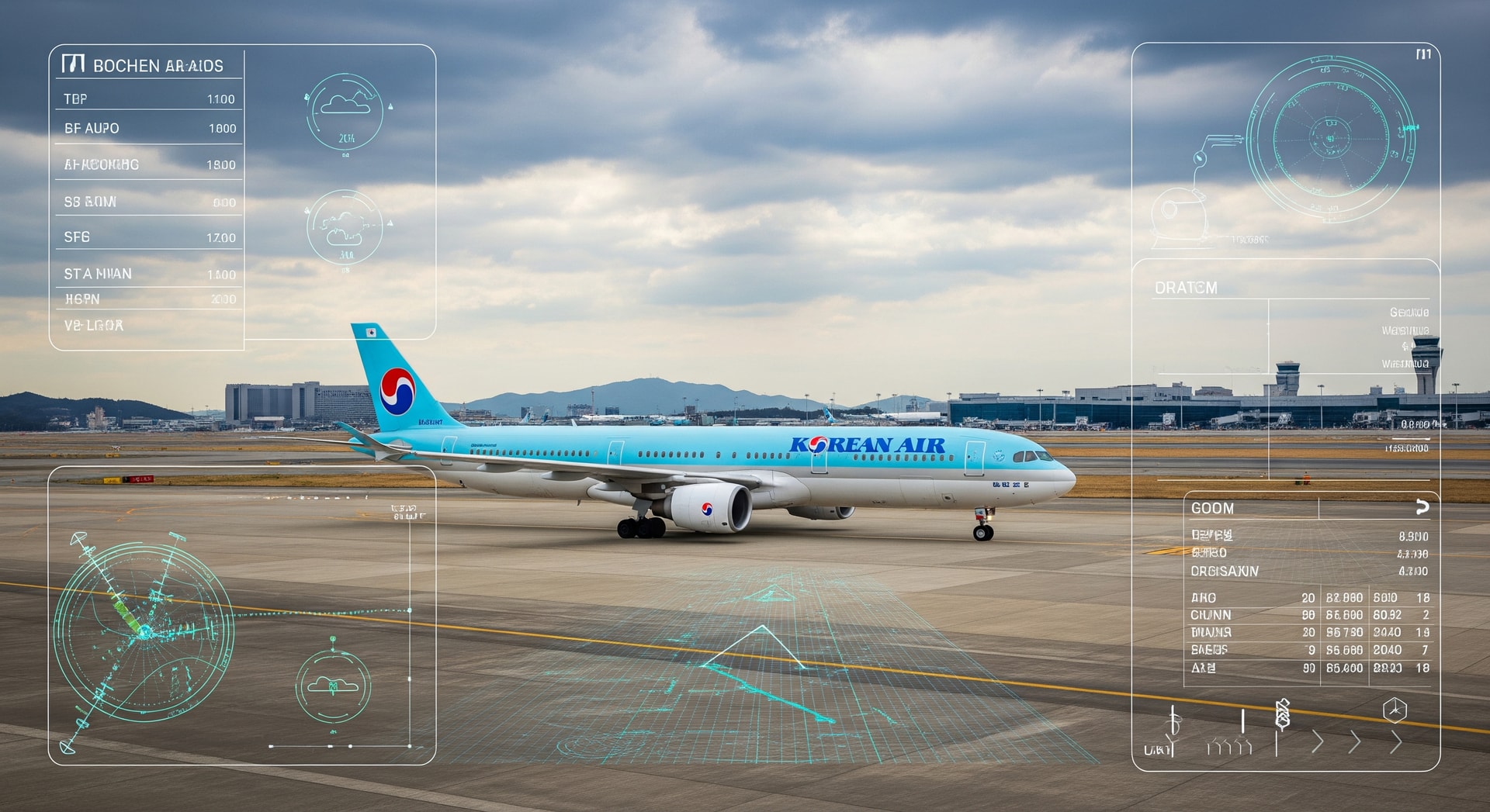 Korean Air plane at Incheon Airport with digital interface overlay