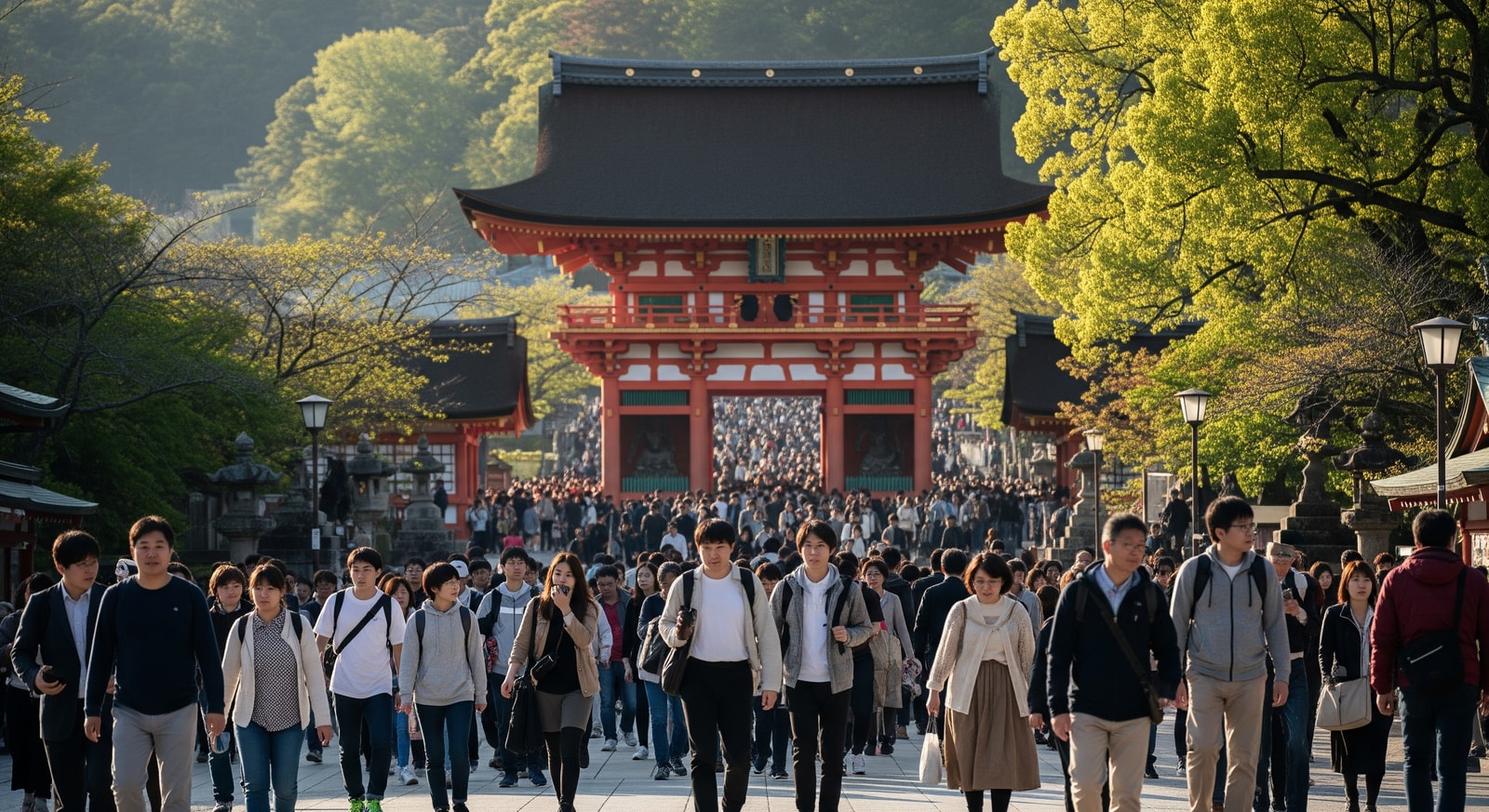 Tourists and local commuters near a Kyoto temple, illustrating visitor concentration at cultural sites
