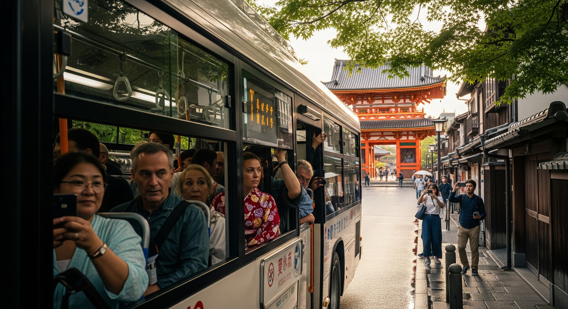 Visitors and local commuters on a Kyoto bus near historic temples