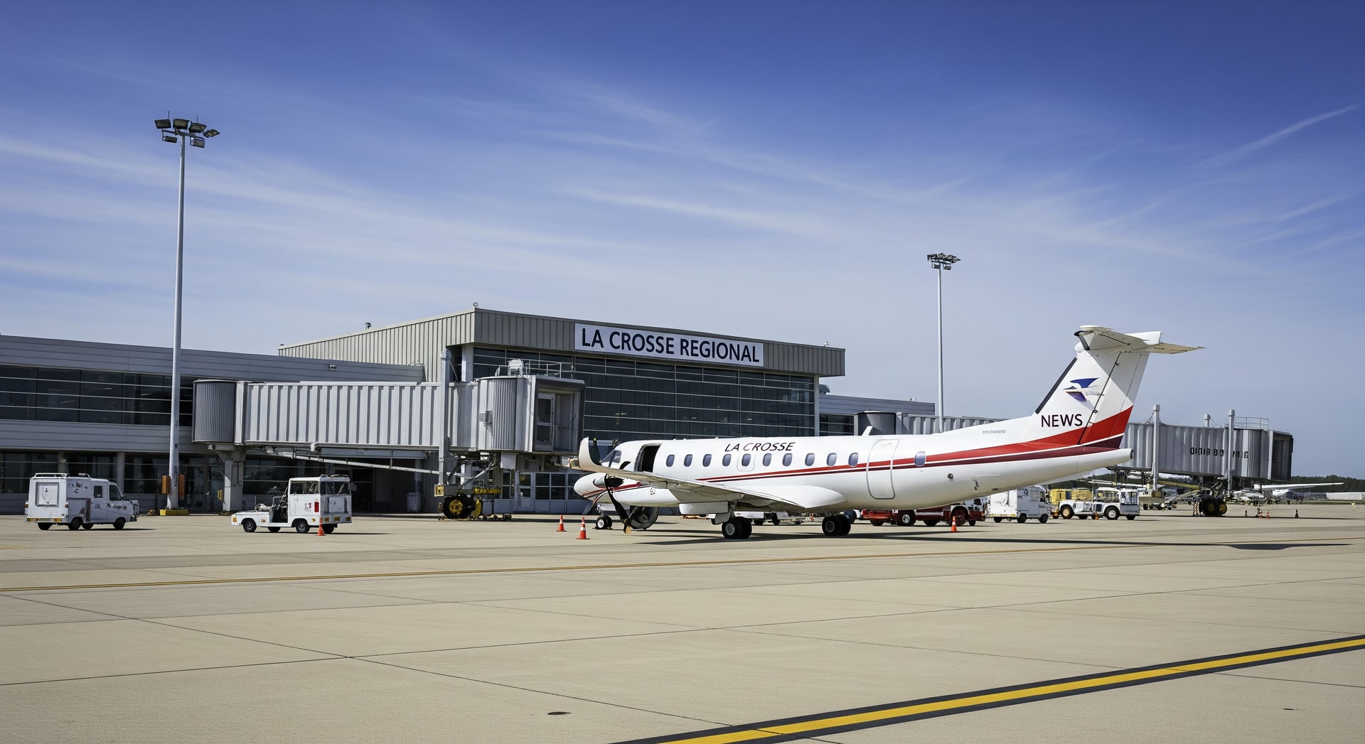 Exterior view of La Crosse Regional Airport terminal with small regional aircraft on the tarmac