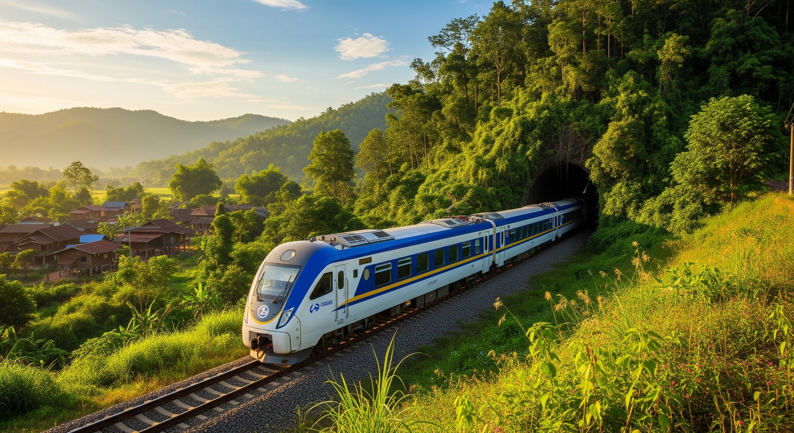 Lao–China railway train passing through rural Laos, illustrating improved travel links