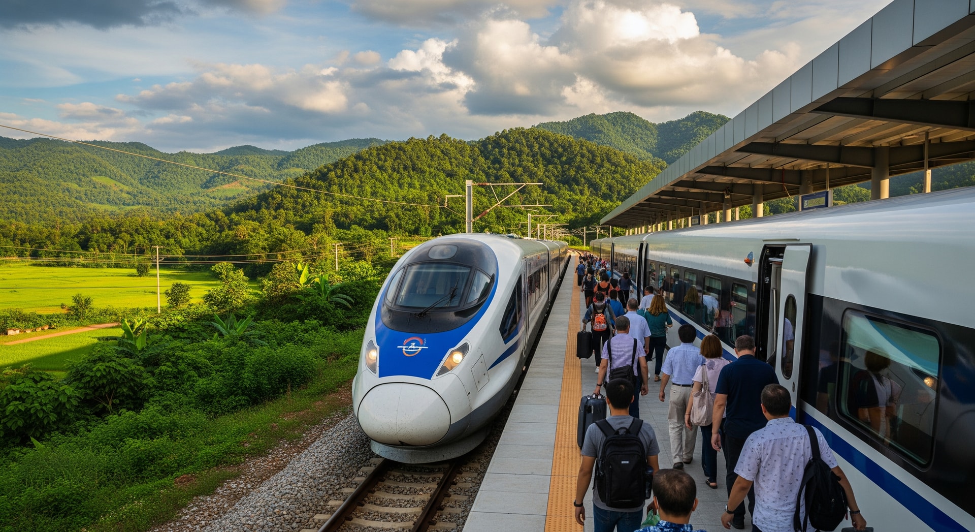Passengers boarding a train on the Lao–China railway with scenic Lao countryside in the background