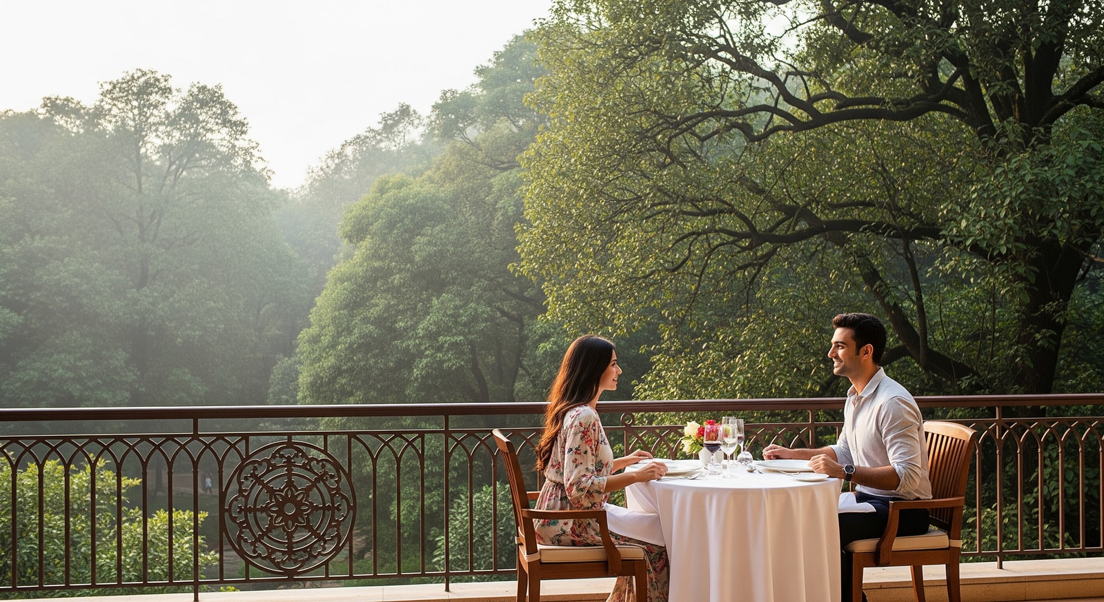 Couple enjoying a staycation at The Leela Ambience Gurugram with forest views and romantic dining