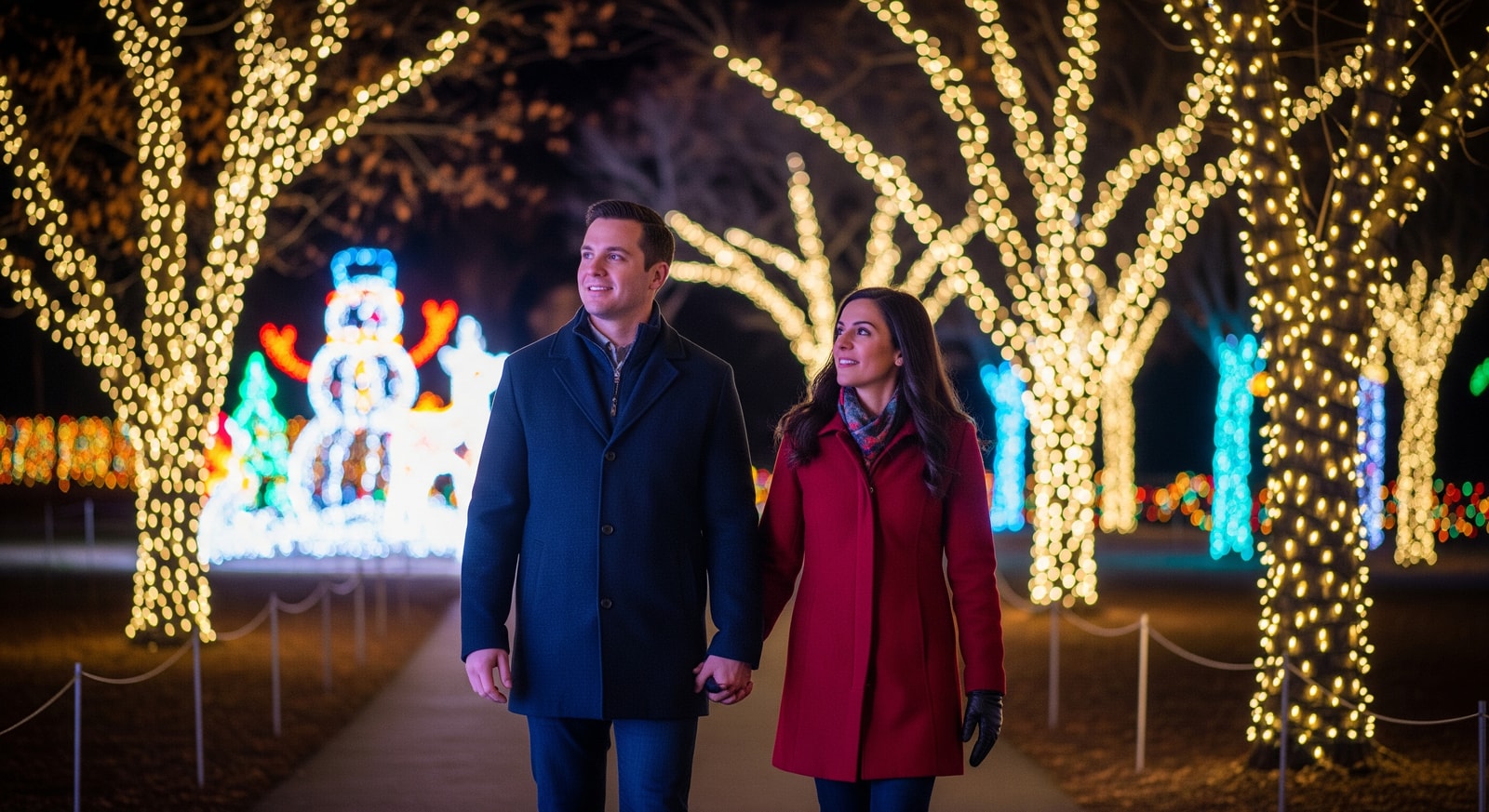 Couple walking through a winter light display in Lehigh Valley, Pennsylvania near a festive attraction