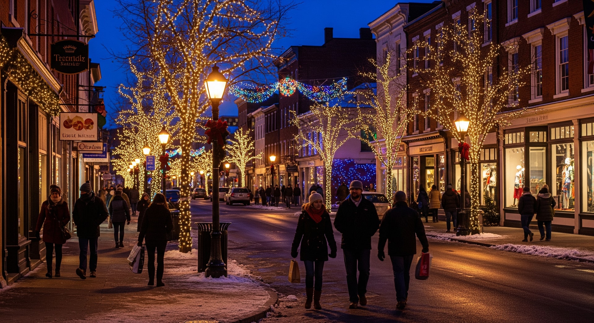 Winter evening street scene in Lehigh Valley, Pennsylvania with festive lights and pedestrians