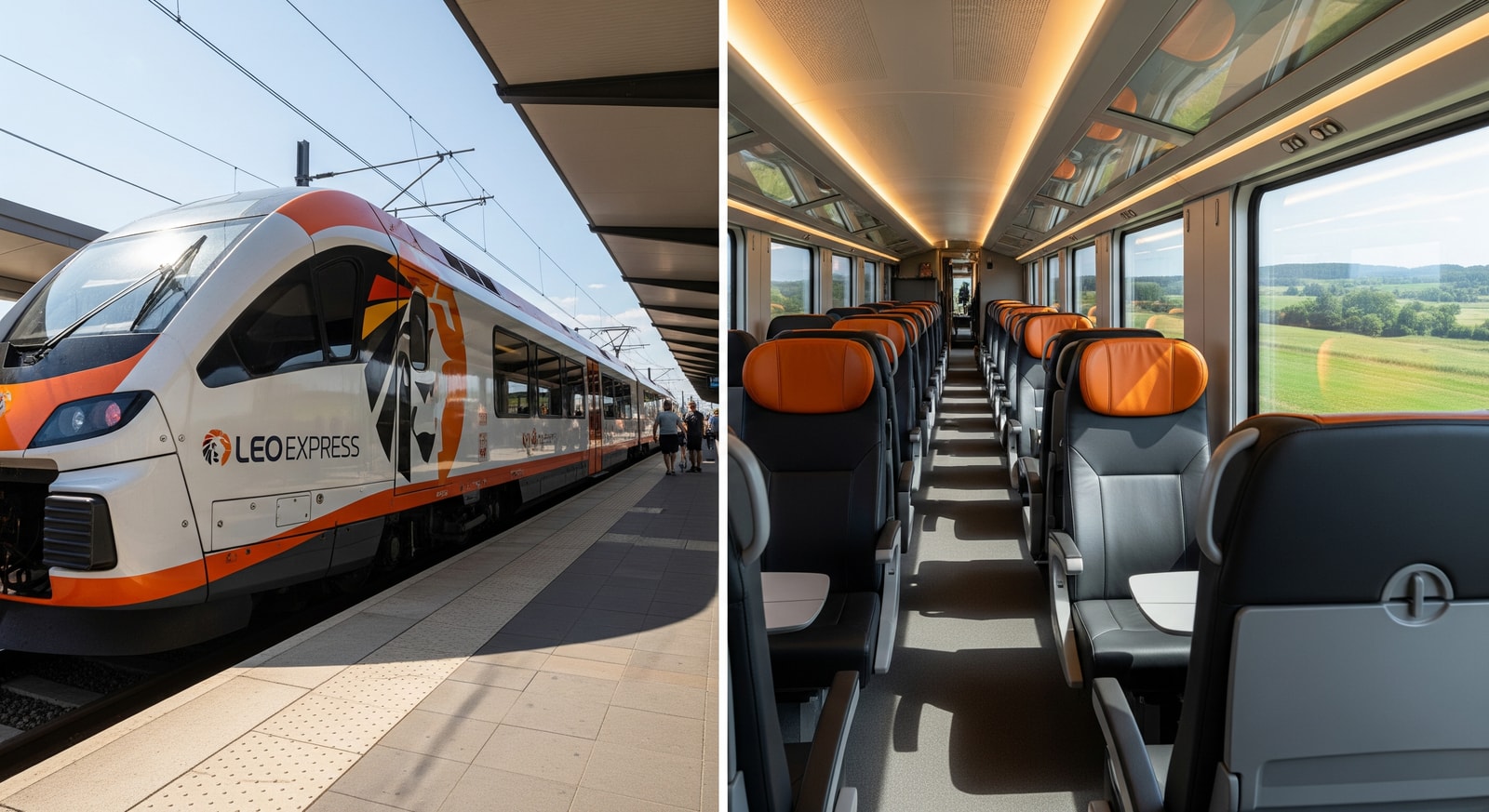 Leo Express Talgo train interior and exterior showing modern livery and passenger seating