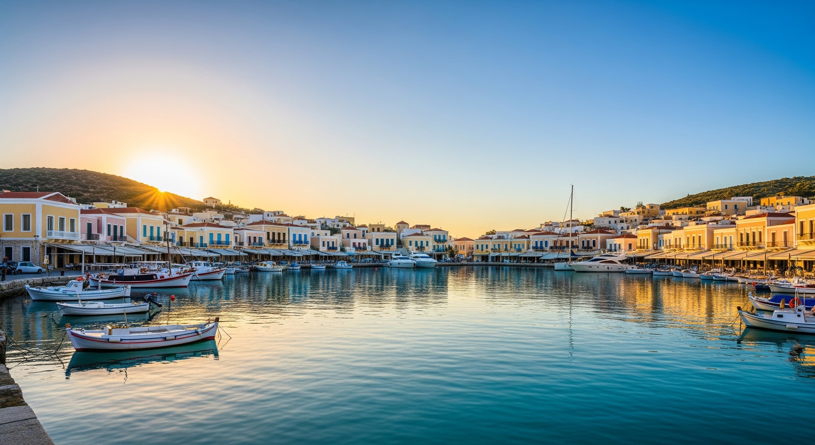 Lakki town on Leros Island showing Italian-era architecture and a calm harbor