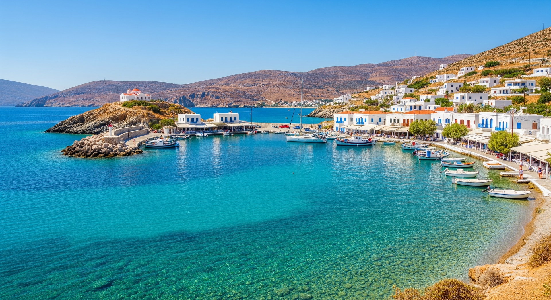 Coastal view of Leros Island with clear blue Aegean waters and a small harbor