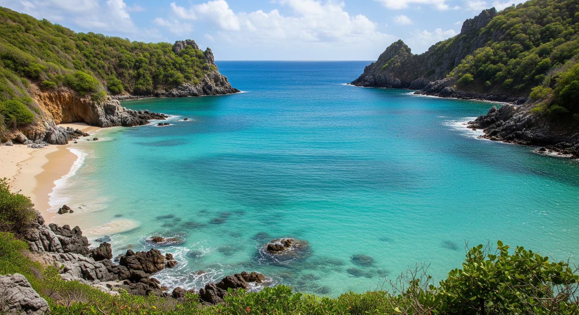 A calm turquoise bay and rocky coastline of Les Saintes, Guadeloupe, showcasing secluded Caribbean beaches