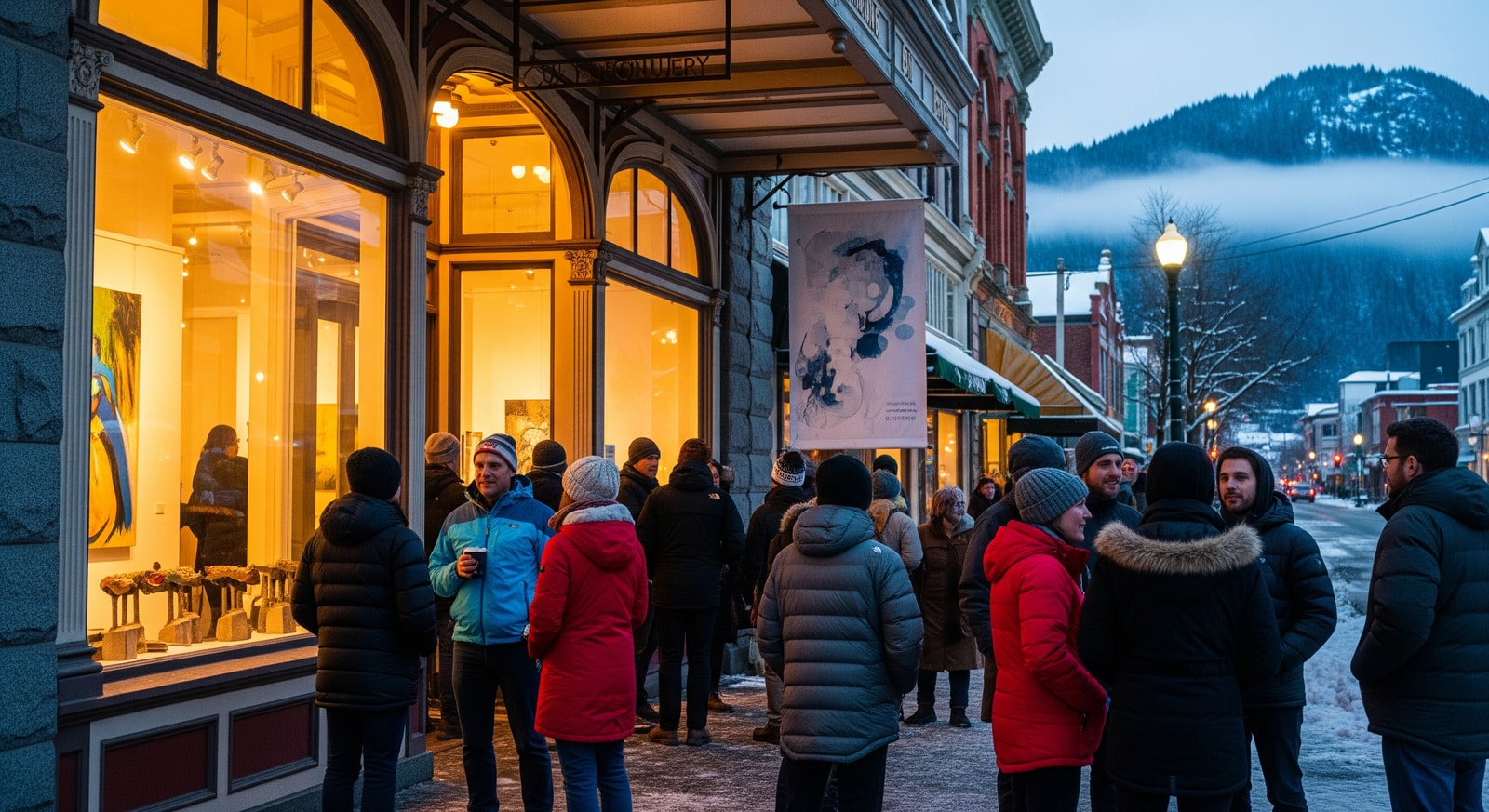 Festival-goers in winter coats outside a downtown Juneau gallery during February festivals