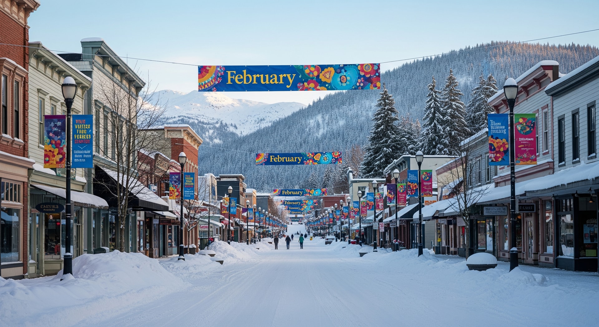 Downtown Juneau in winter with snow-covered streets and festival banners highlighting February events