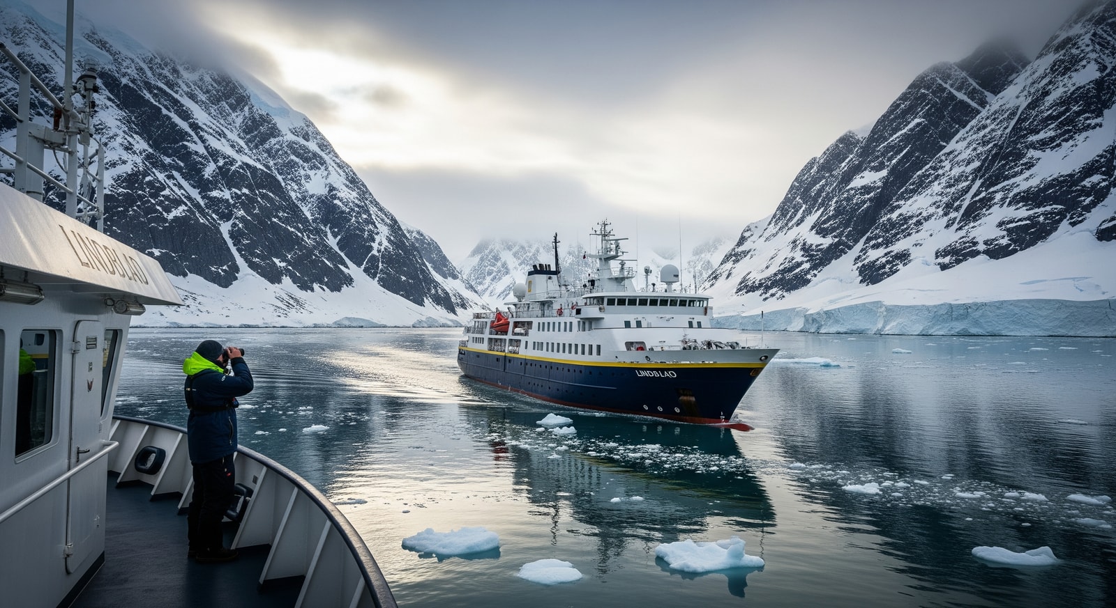 Lindblad expedition vessel navigating remote polar waters, representing expedition cruises and sustainable travel