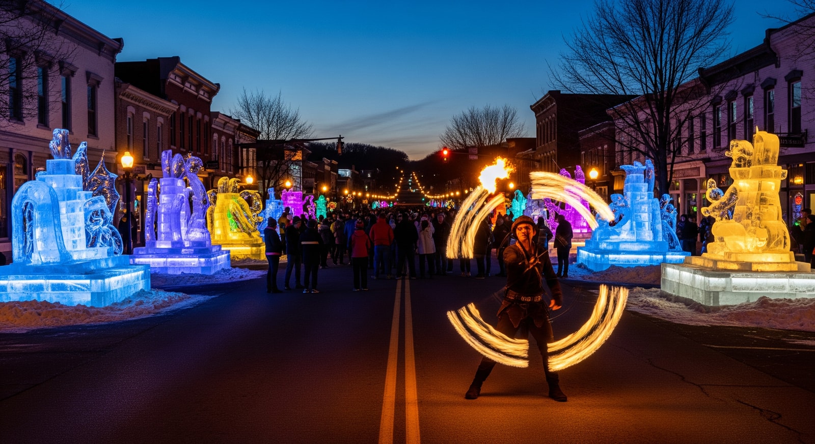 Ice sculptures lining a Lititz street with a fire performer in the evening — Lititz Fire & Ice Festival 2026