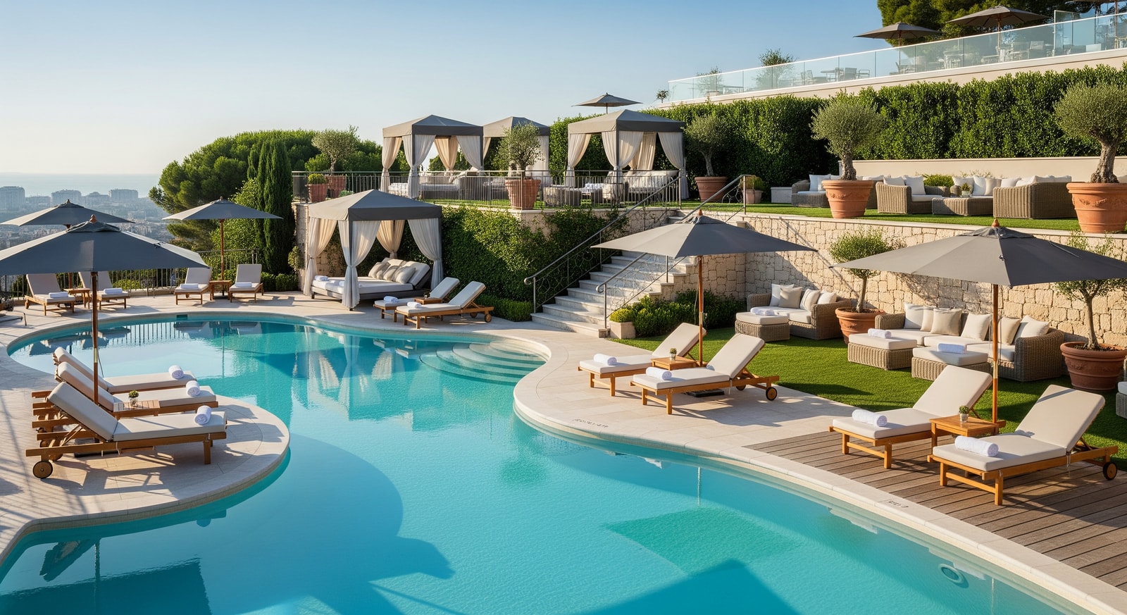 Rendering of the hotel’s pool area and terraces showing the saltwater pool and poolside seating