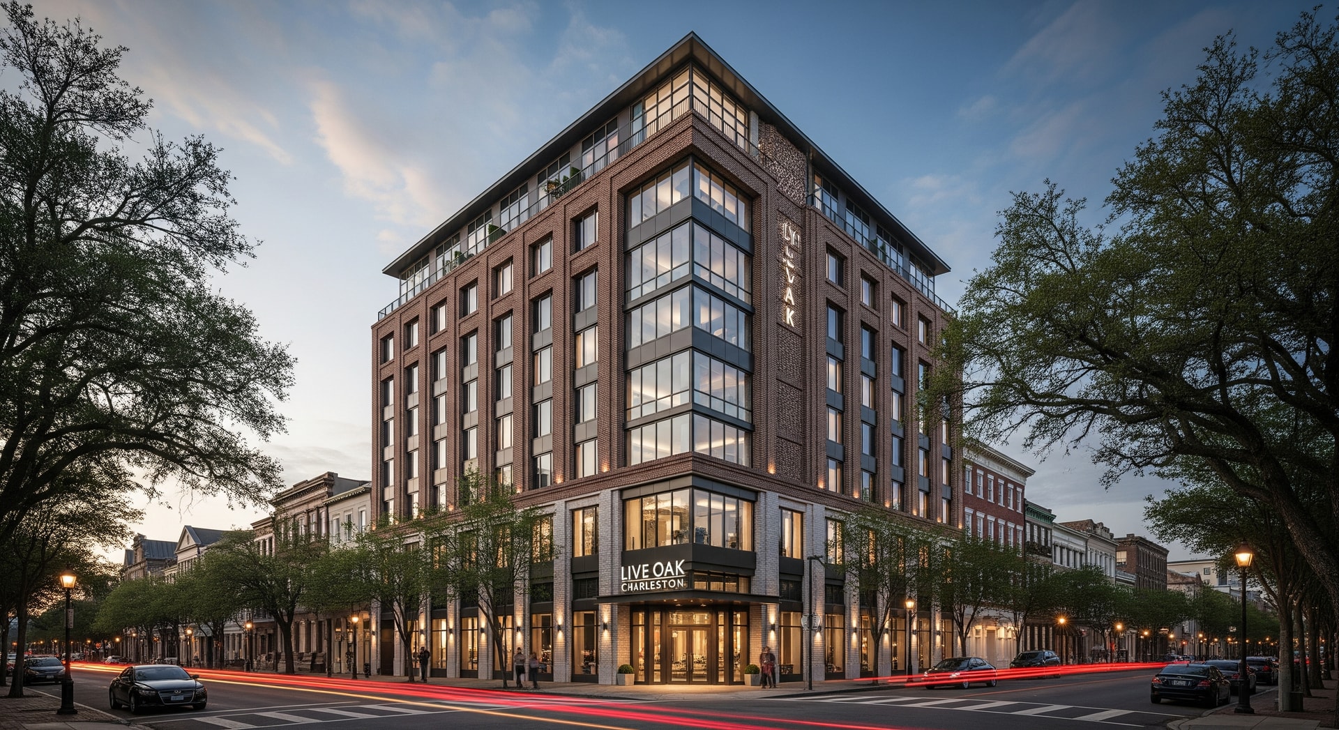 Exterior rendering of Live Oak Charleston hotel on Meeting Street featuring modern design elements