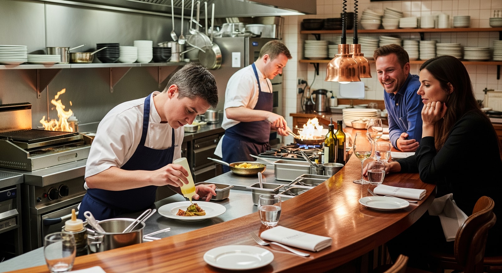 Guests seated at a chef's counter watching chefs prepare dishes in an open kitchen at Lofft in Cardiff