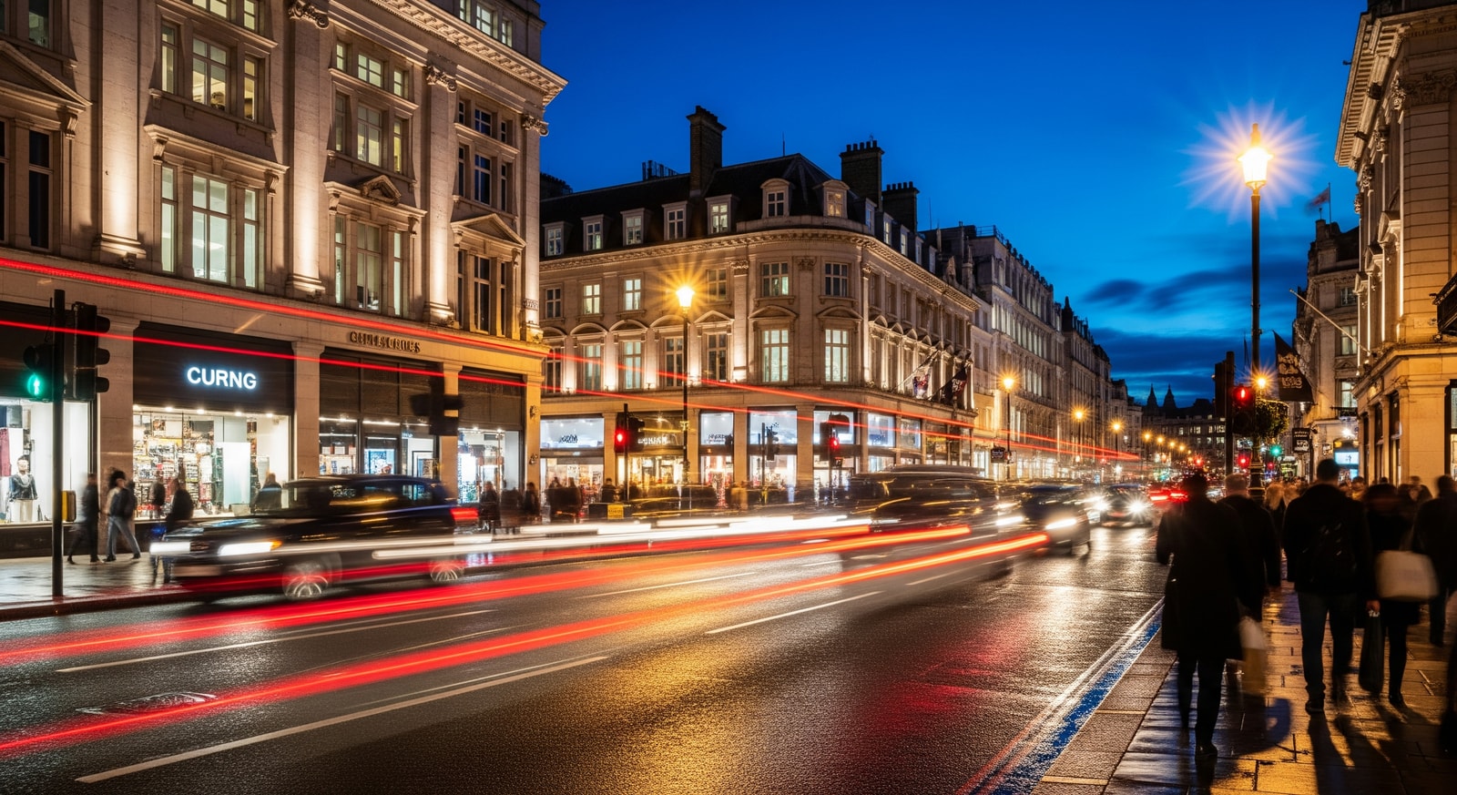 London street at night with busy traffic and illuminated buildings, illustrating urban noise and activity