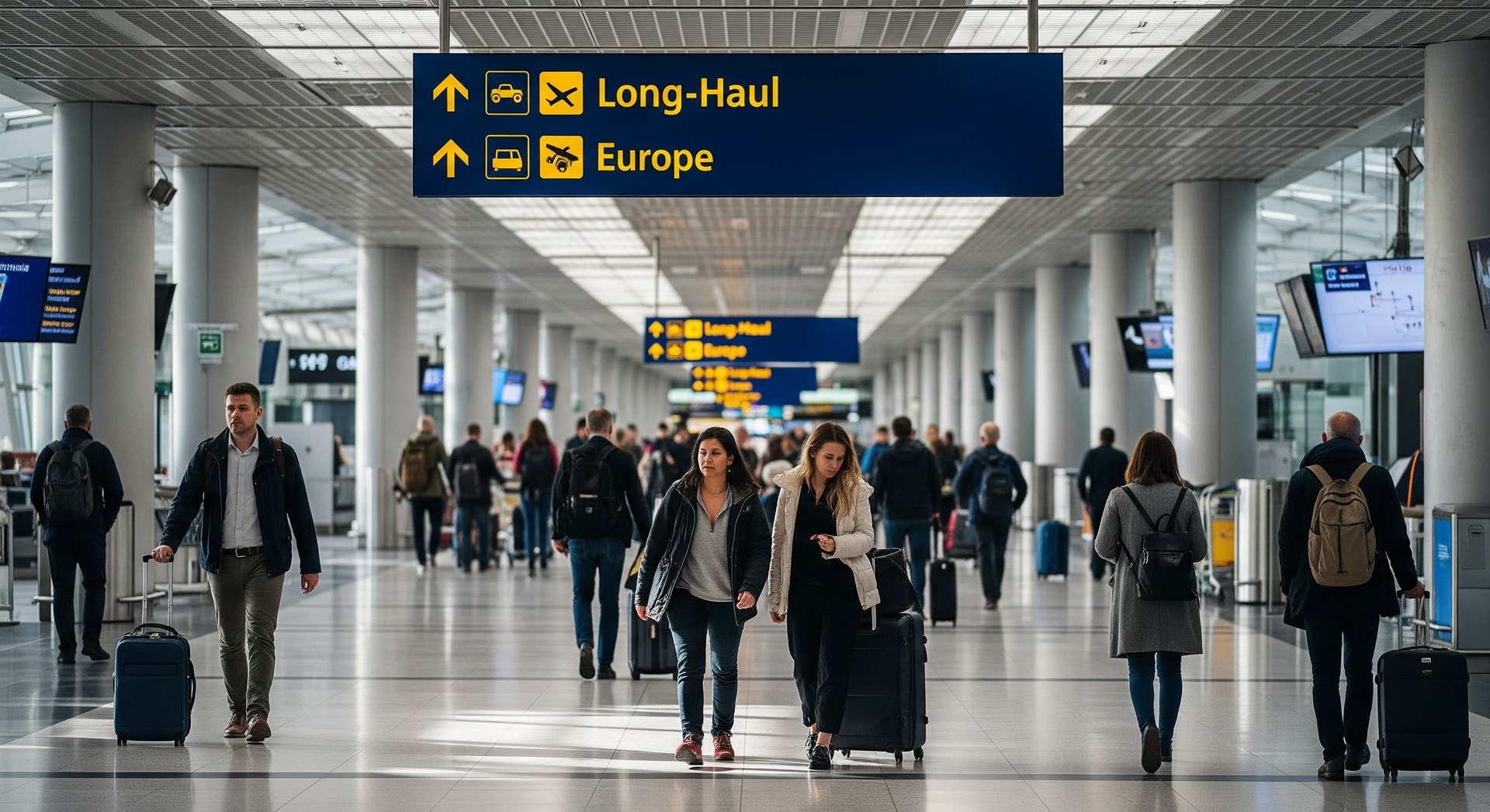 Long-haul travel passengers at an international airport with signs for Europe destinations