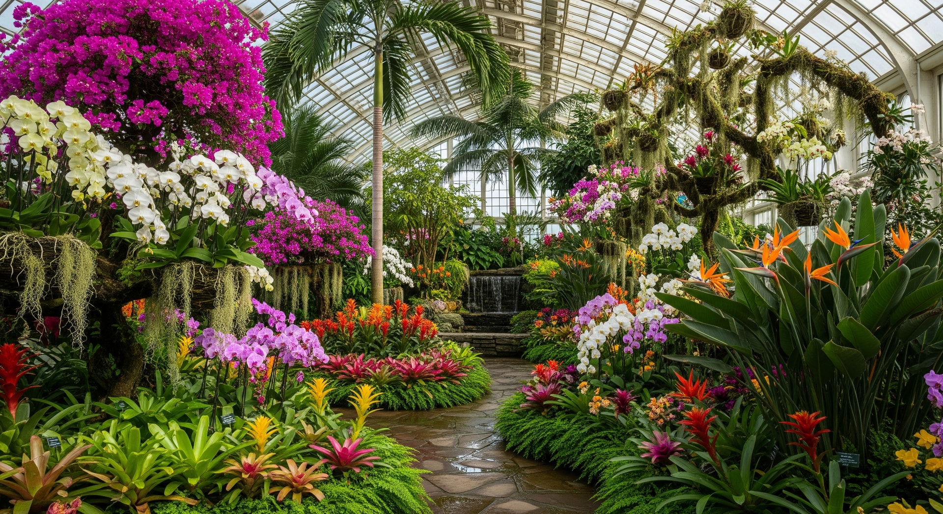 Interior conservatory at Longwood Gardens filled with vibrant tropical blooms during Winter Wonder
