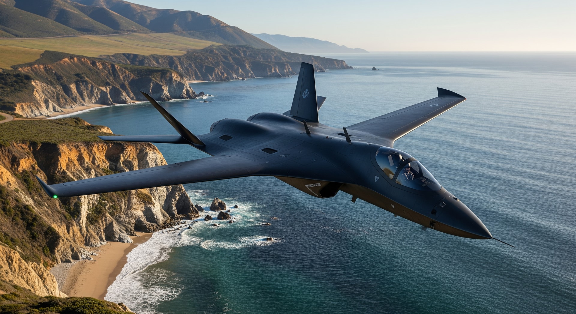 Concept render of the Venom autonomous strike aircraft prototype over a California coastline