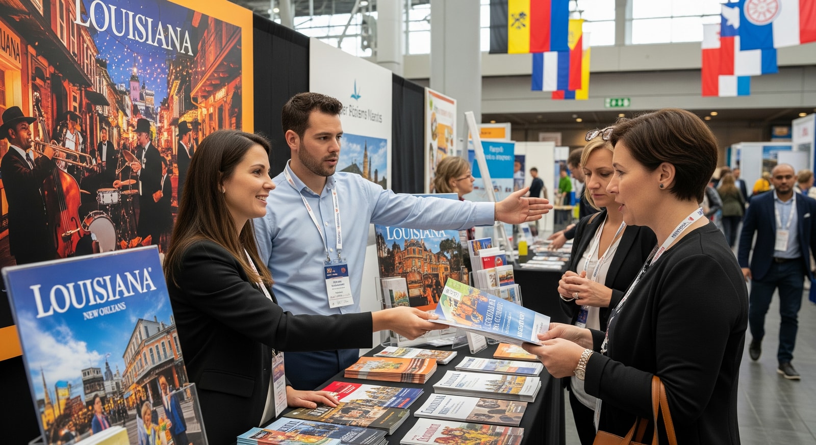 Louisiana tourism representatives presenting destination materials at a European travel industry event in Paris
