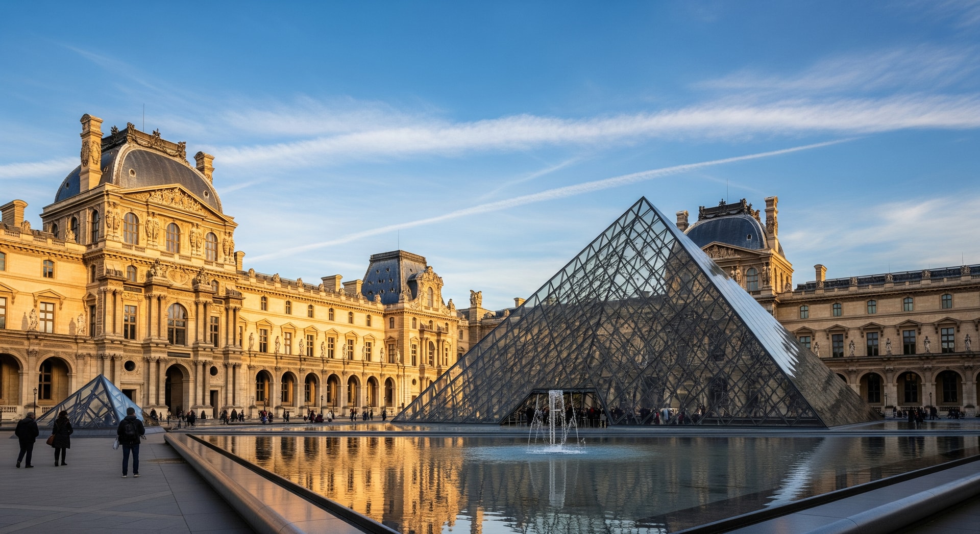 Exterior of the Louvre Museum in Paris with glass pyramid entrance and historic façades
