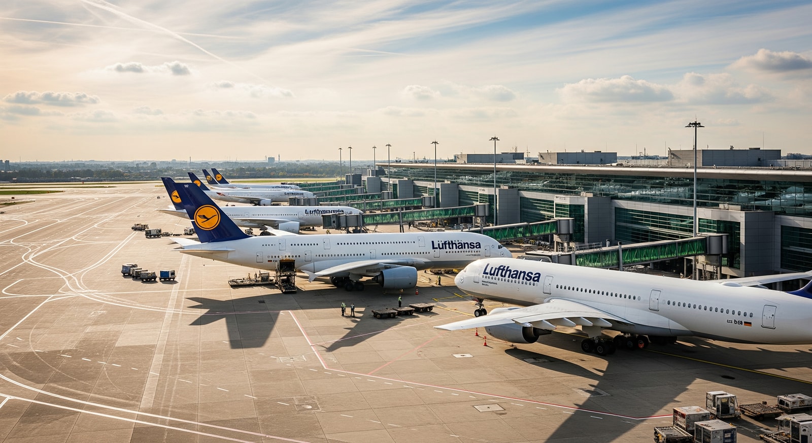 Lufthansa aircraft at Frankfurt airport with terminal and boarding bridges, illustrating potential disruption to flights