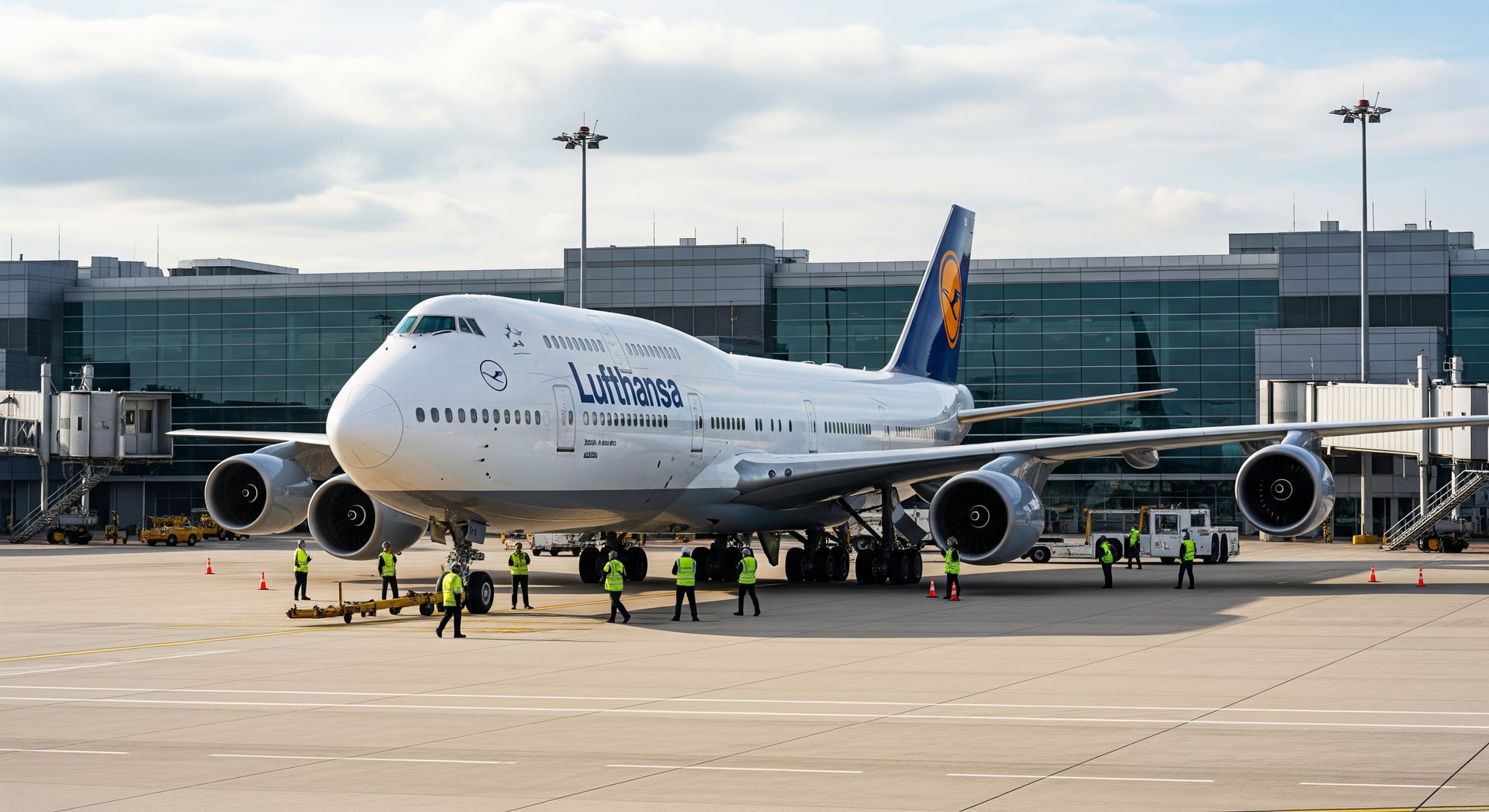 Lufthansa aircraft at an airport apron with ground crew and terminal in the background