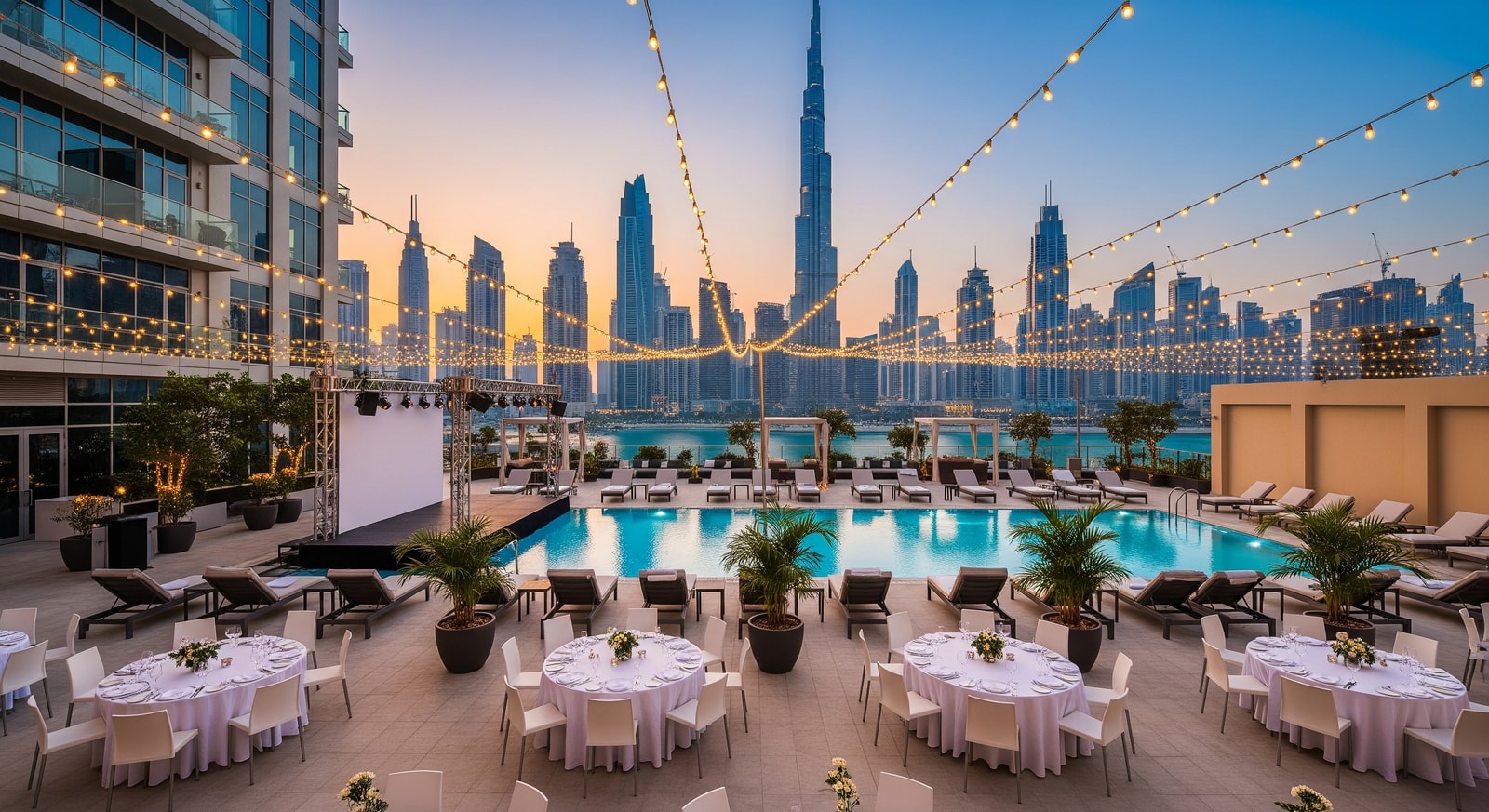 Anantara Downtown Dubai pool and outdoor event space with Business Bay skyline — hotel and Business Bay amenities