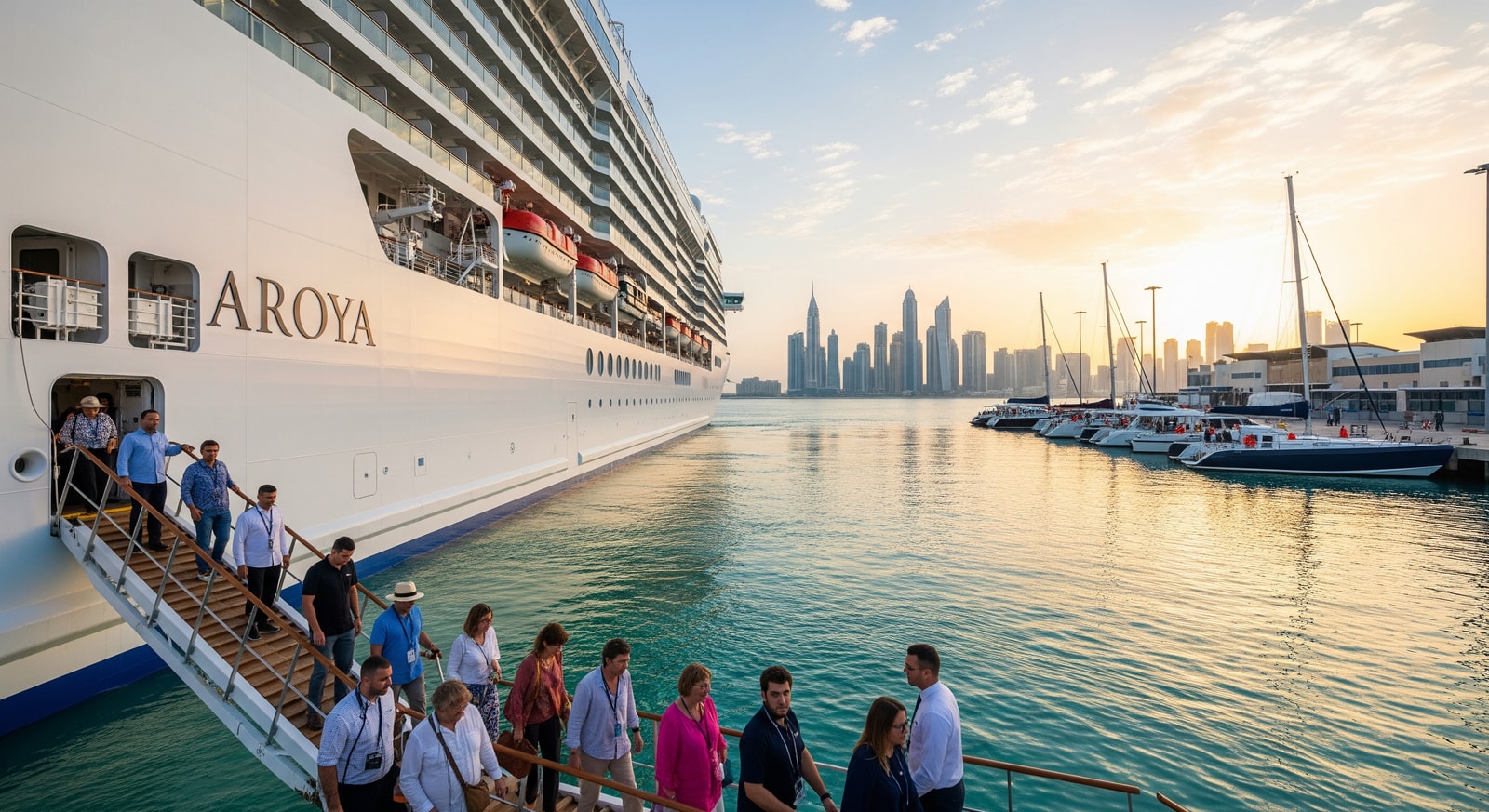 Luxury Aroya cruise ship approaching a Gulf port with passengers disembarking for shore excursions