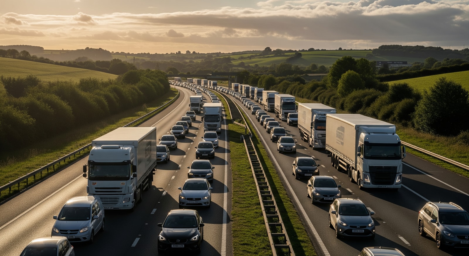 Slow traffic on the M62 motorway near Wakefield following a lane closure, illustrating UK travel delays