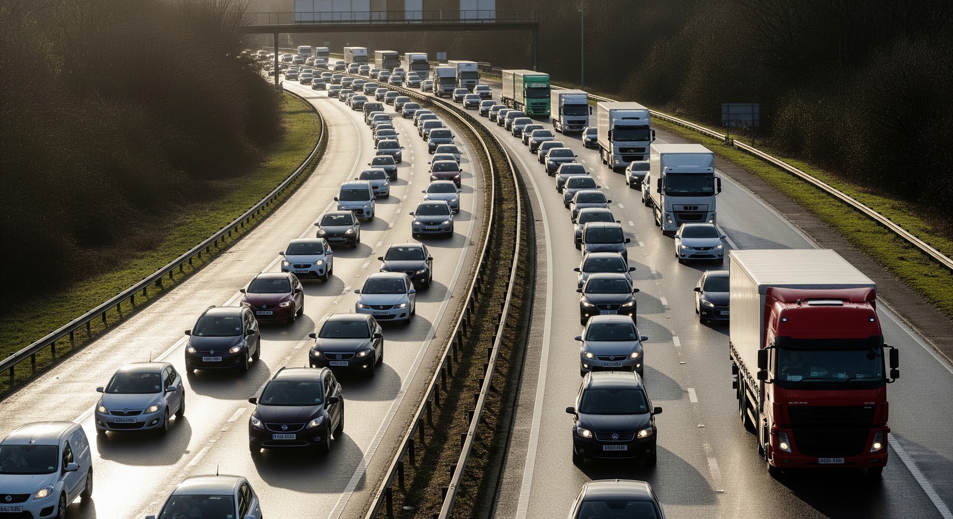 Traffic congestion on a UK motorway with vehicles slowing in multiple lanes