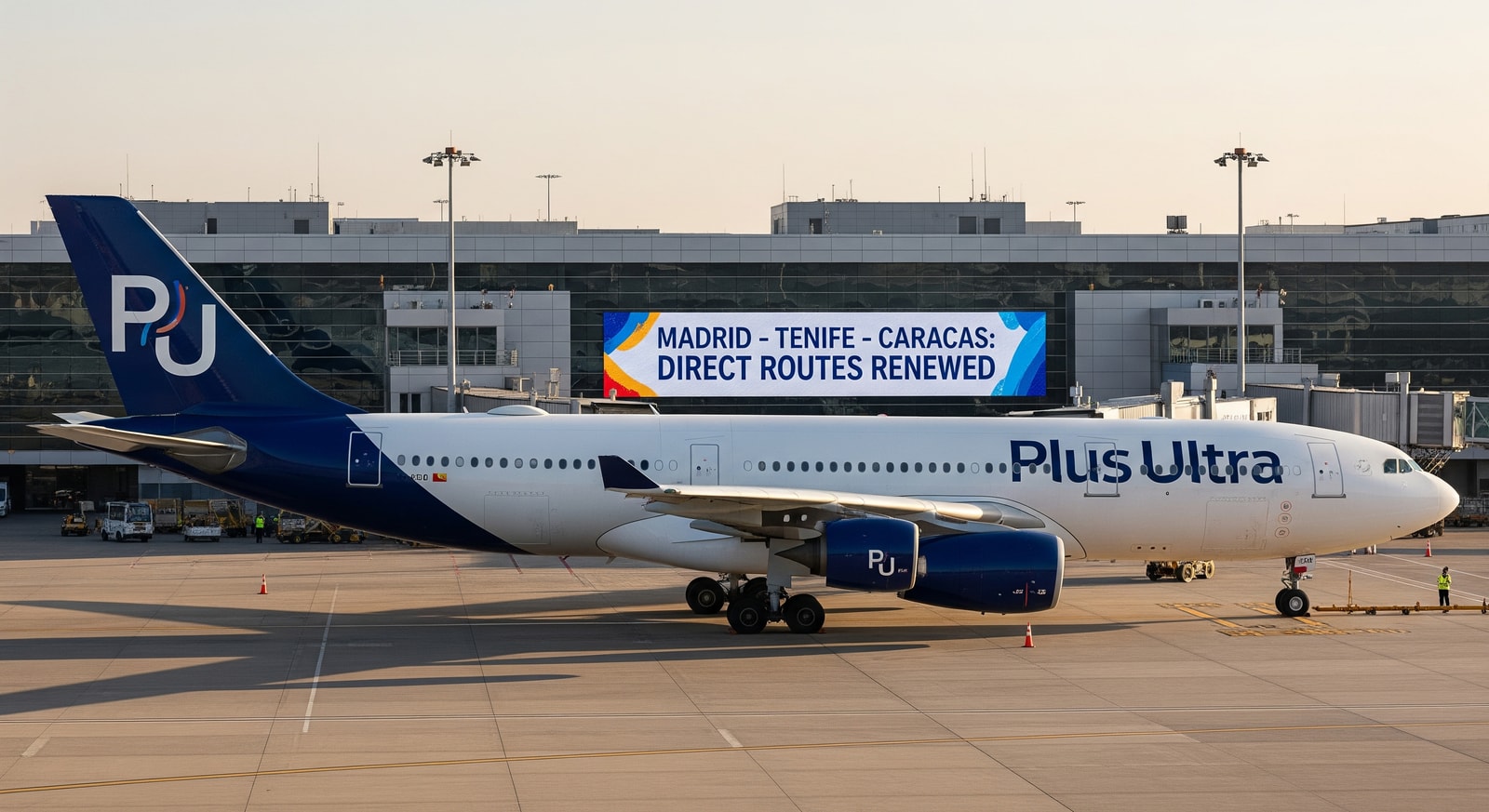 Plus Ultra aircraft at airport illustrating renewed direct routes between Madrid, Tenerife and Caracas