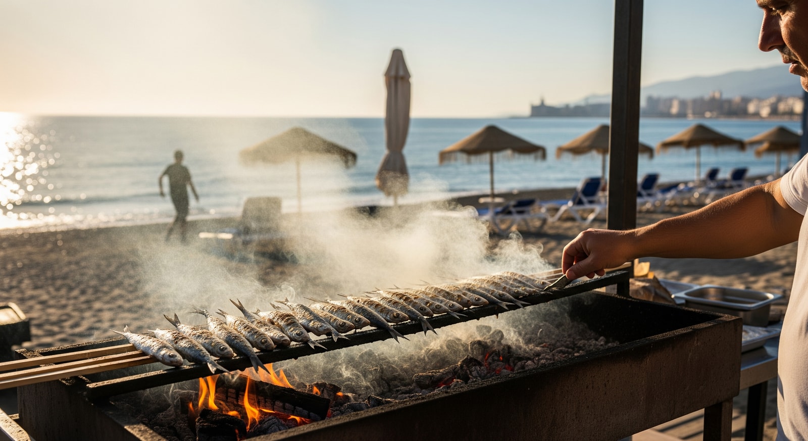 Chiringuito on Málaga beach grilling espeto de sardinas, showcasing Málaga food culture