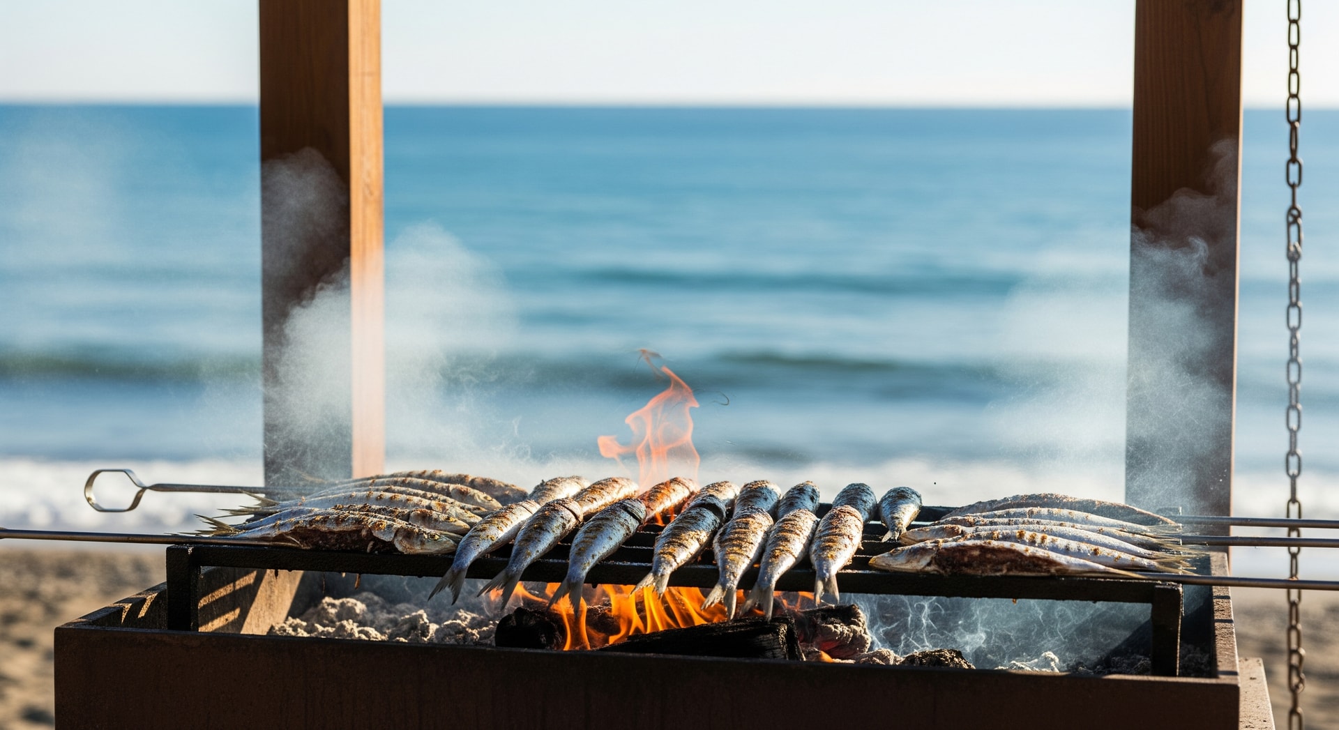 Seaside chiringuito grilling espeto de sardinas on Málaga beach