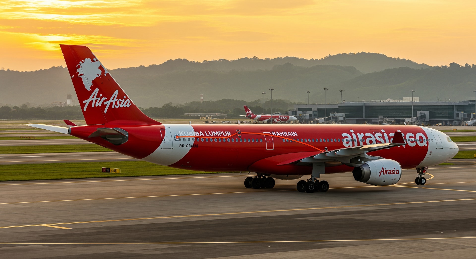 AirAsia X aircraft on the tarmac representing the Kuala Lumpur–Bahrain–London route launch