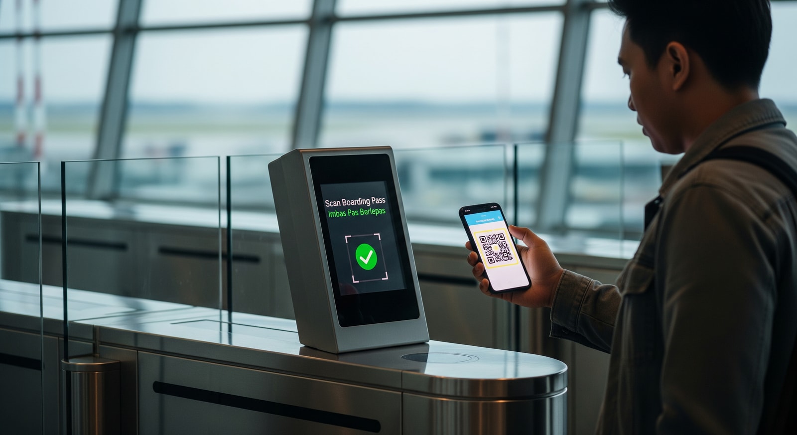 Traveller scanning a QR code on a mobile phone at an airport e-gate in Malaysia