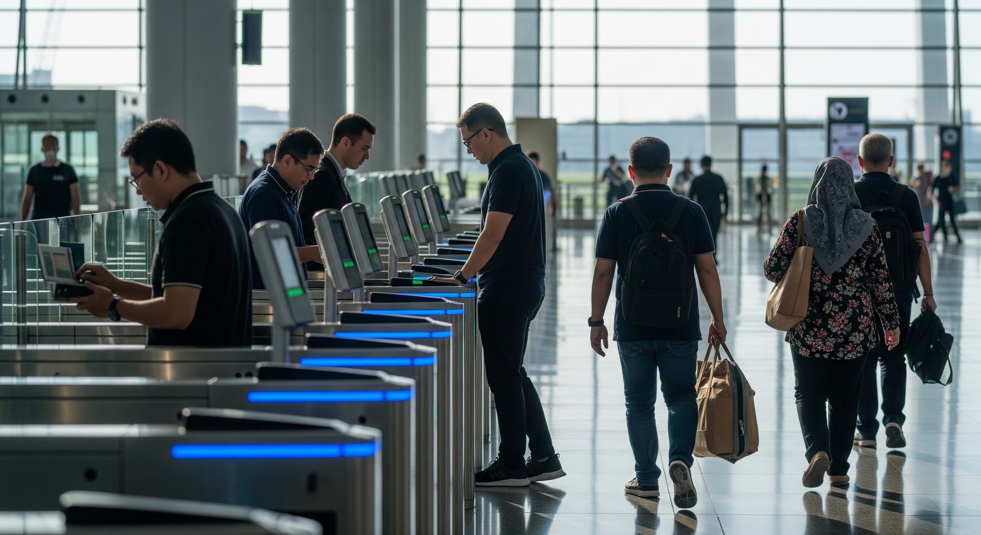 Passengers using electronic gates at a modern Malaysian international airport