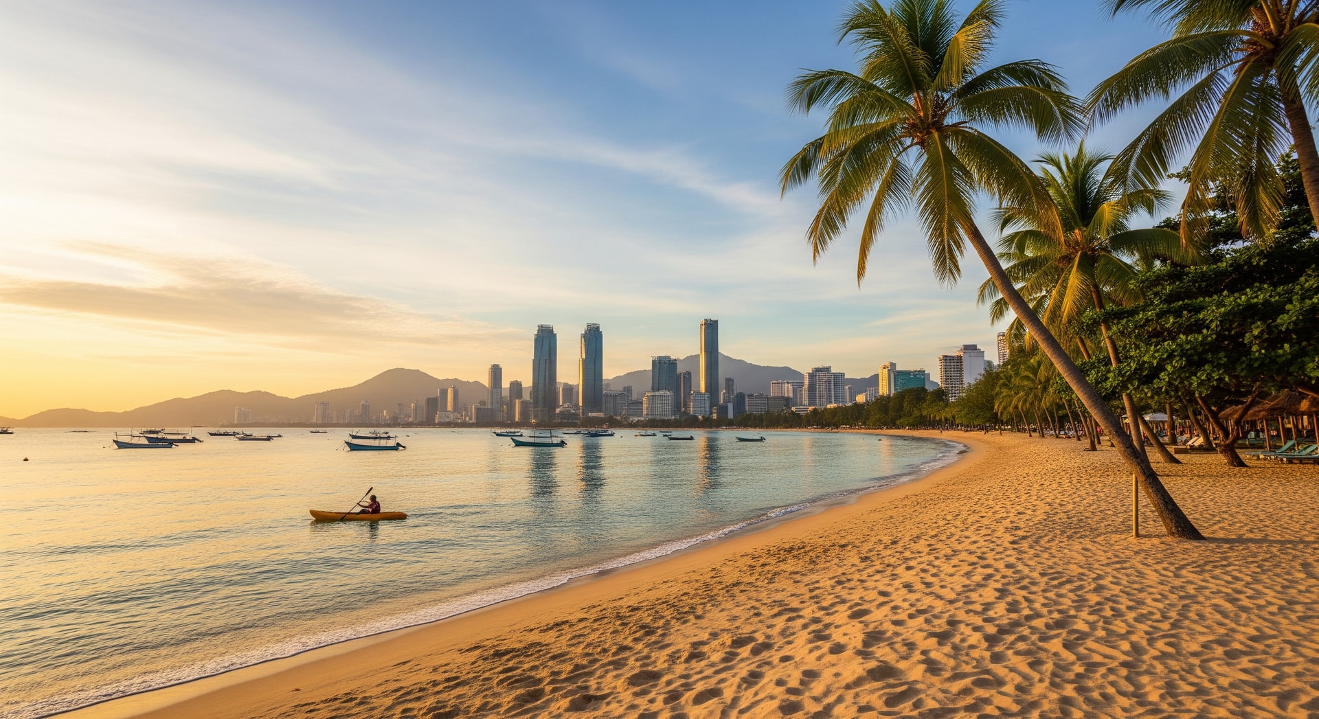 A scenic Malaysian beach and skyline illustrating tourism appeal