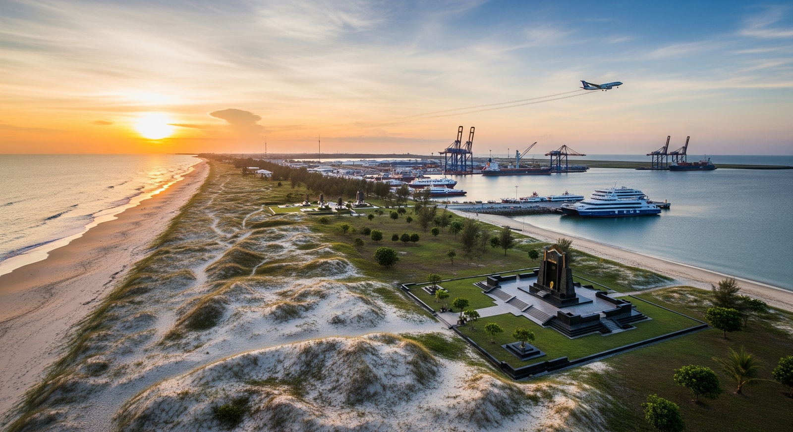 Labuan Island coastline and port with beaches and memorial sites, illustrating tourism and air connectivity potential
