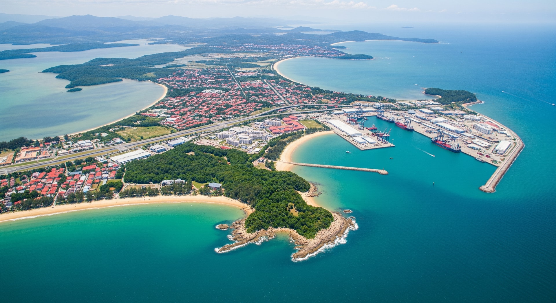 Aerial view of Labuan Island coastline with beaches and port, highlighting tourism potential and air travel needs