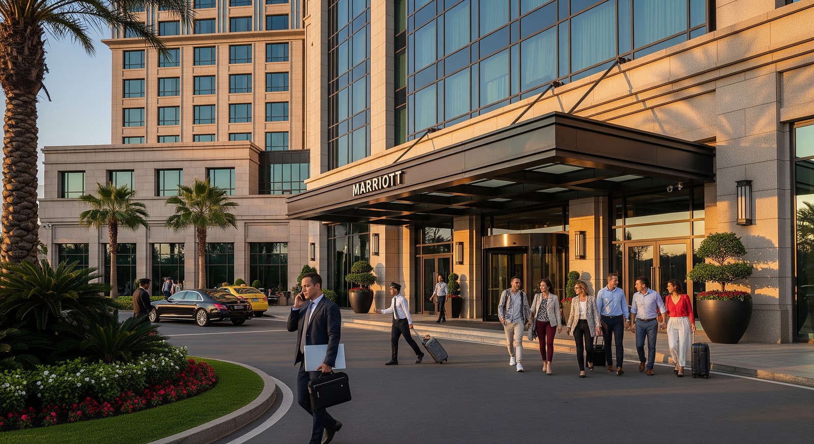 Marriott hotel exterior with guests arriving, illustrating Marriott's global portfolio and development activity