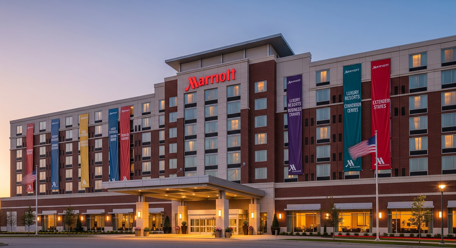 Exterior of a Marriott hotel showcasing global brand portfolio and hospitality operations